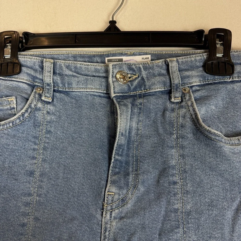Bershka Flare Jeans Womens 6 Blue Light Wash High Rise Split Hem Stretch Denim